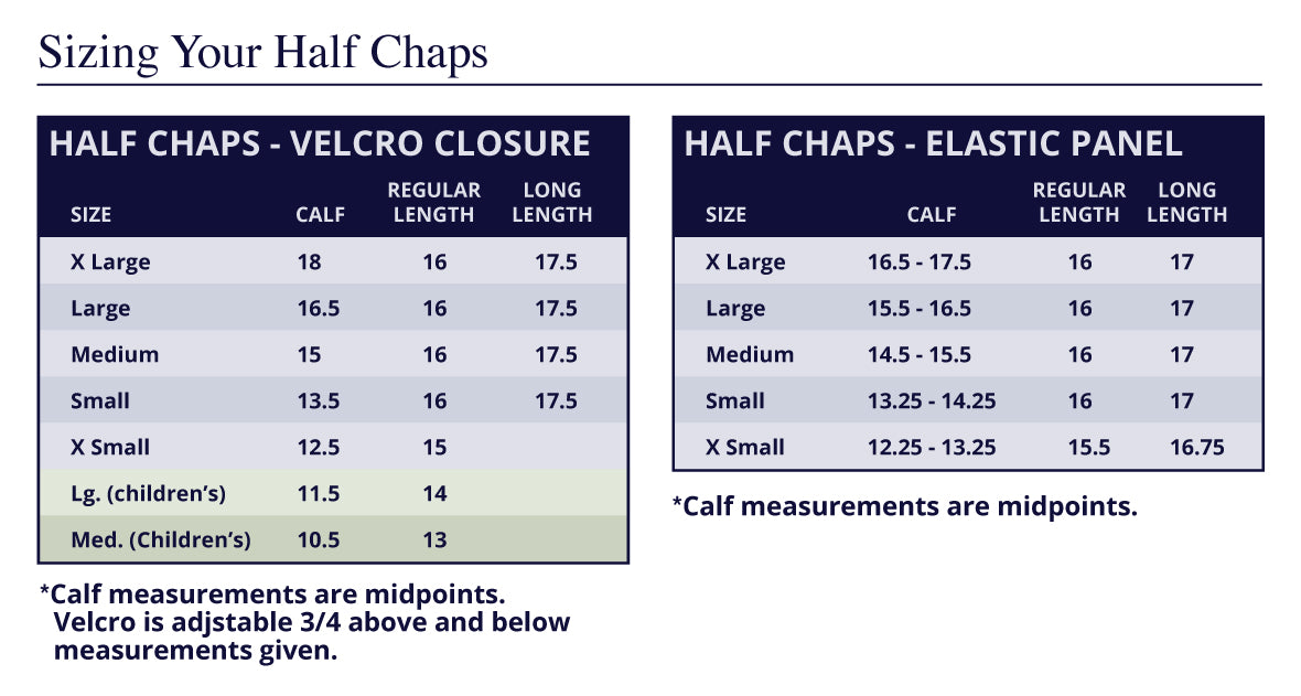 Barnstable Riding Half Chaps Size Chart