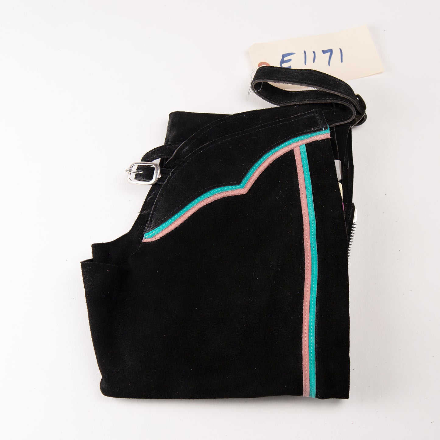English Schooling Chaps - Black Suede - Pink and Teal Stripes