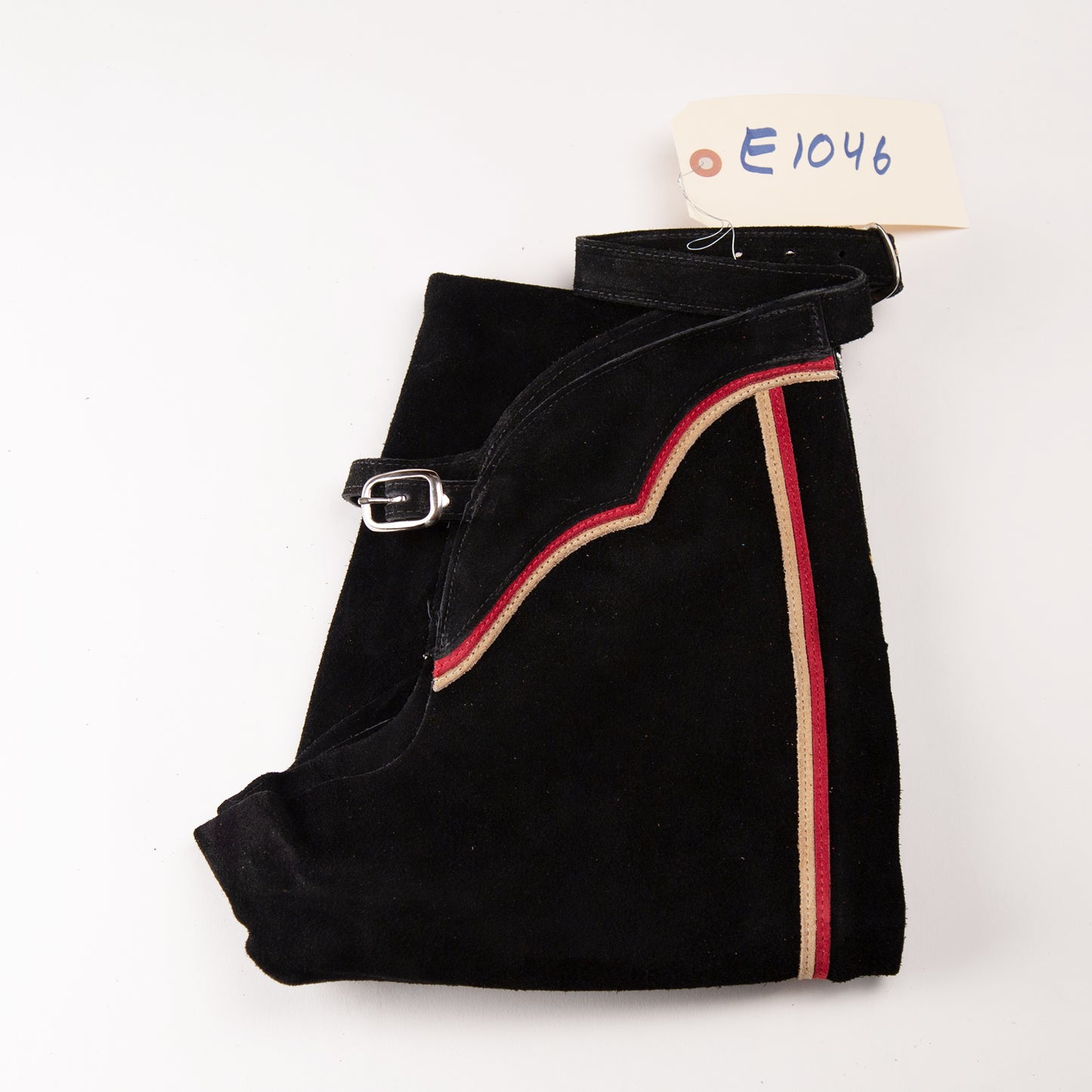 English Schooling Chaps - Black Suede - Red and Taupe Stripes