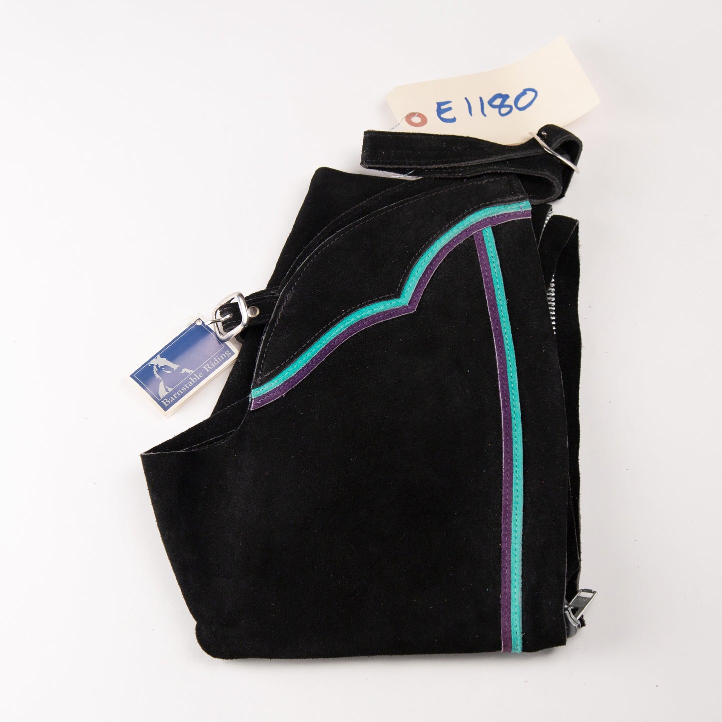English Schooling Chaps - Black Suede - Teal and Purple Stripes