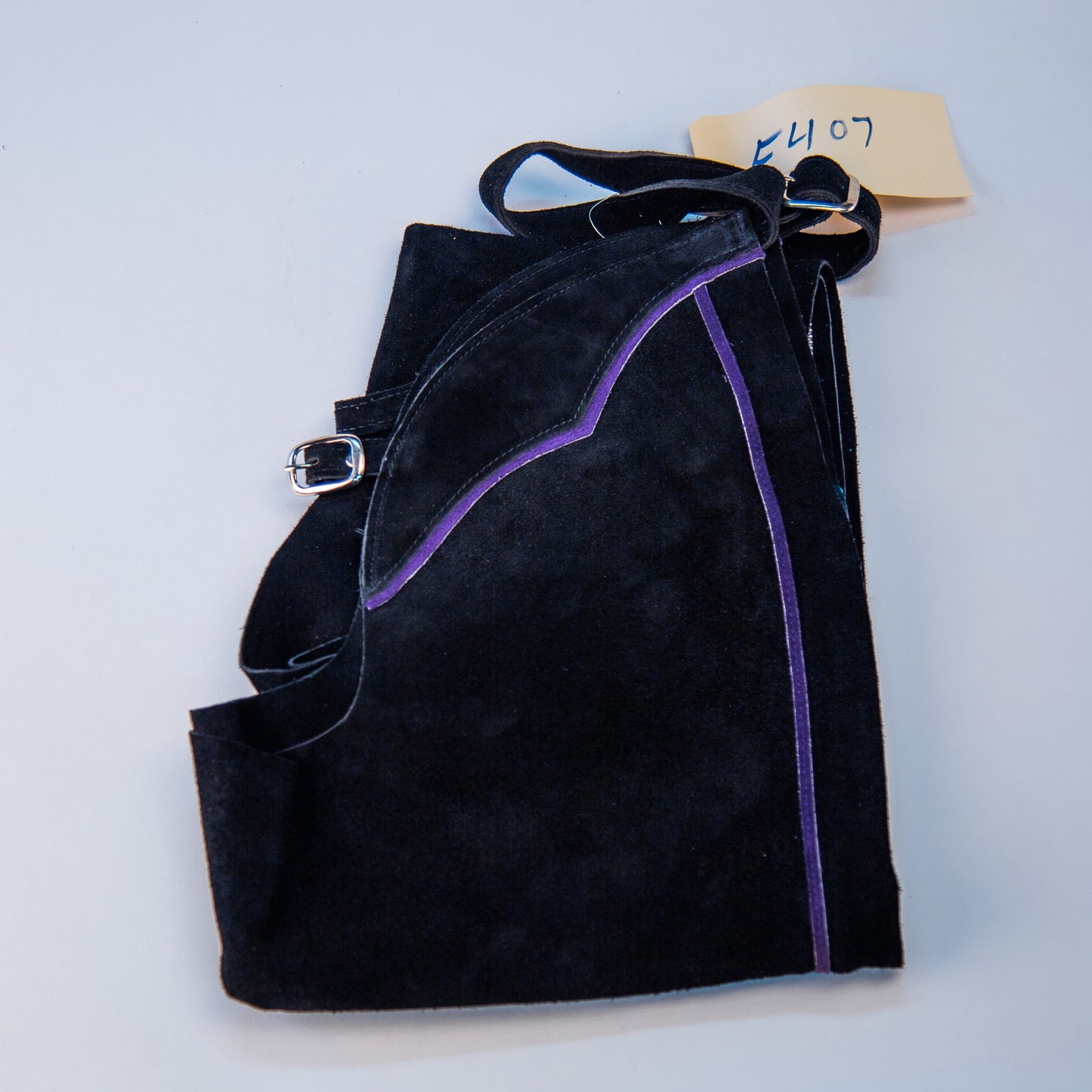 English Schooling Chaps - Black Suede - Purple Stripe