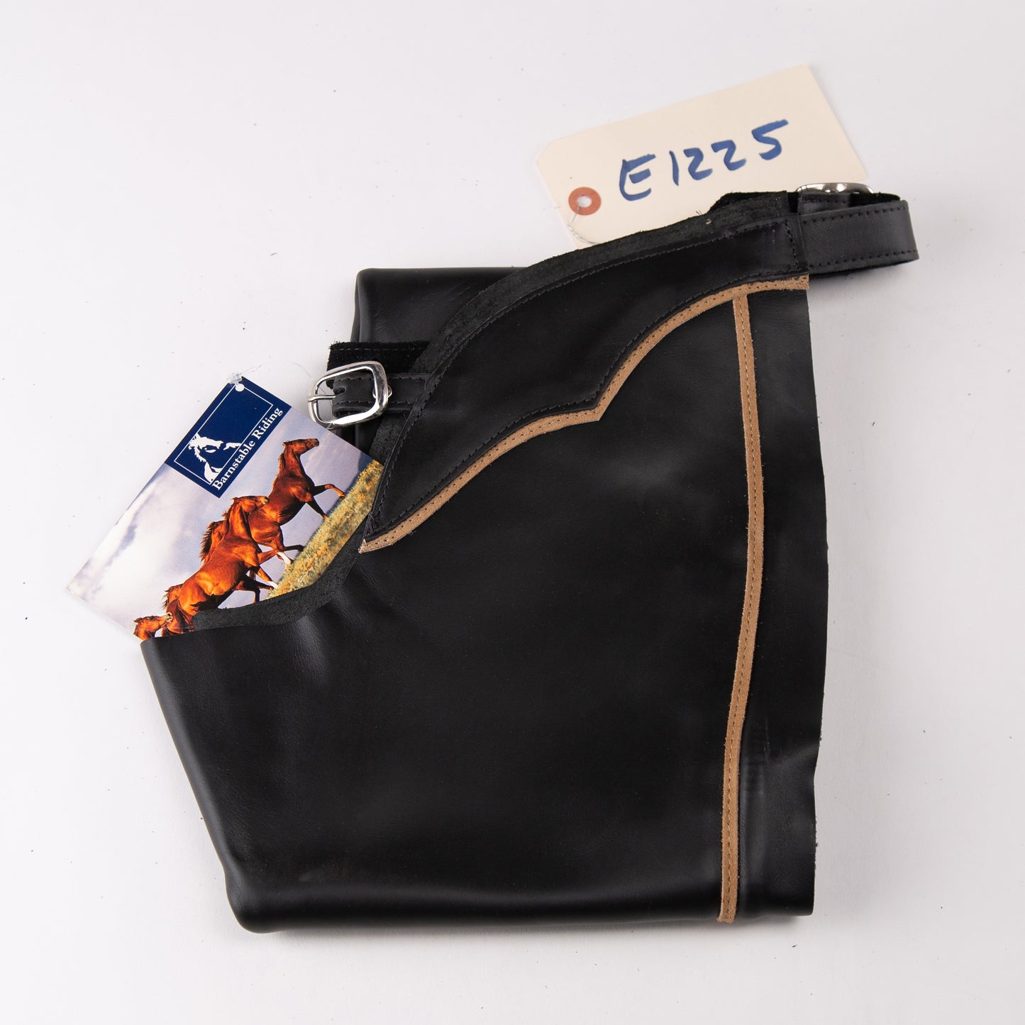English Schooling Chaps - Black Top Grain Leather - Taupe Stripe