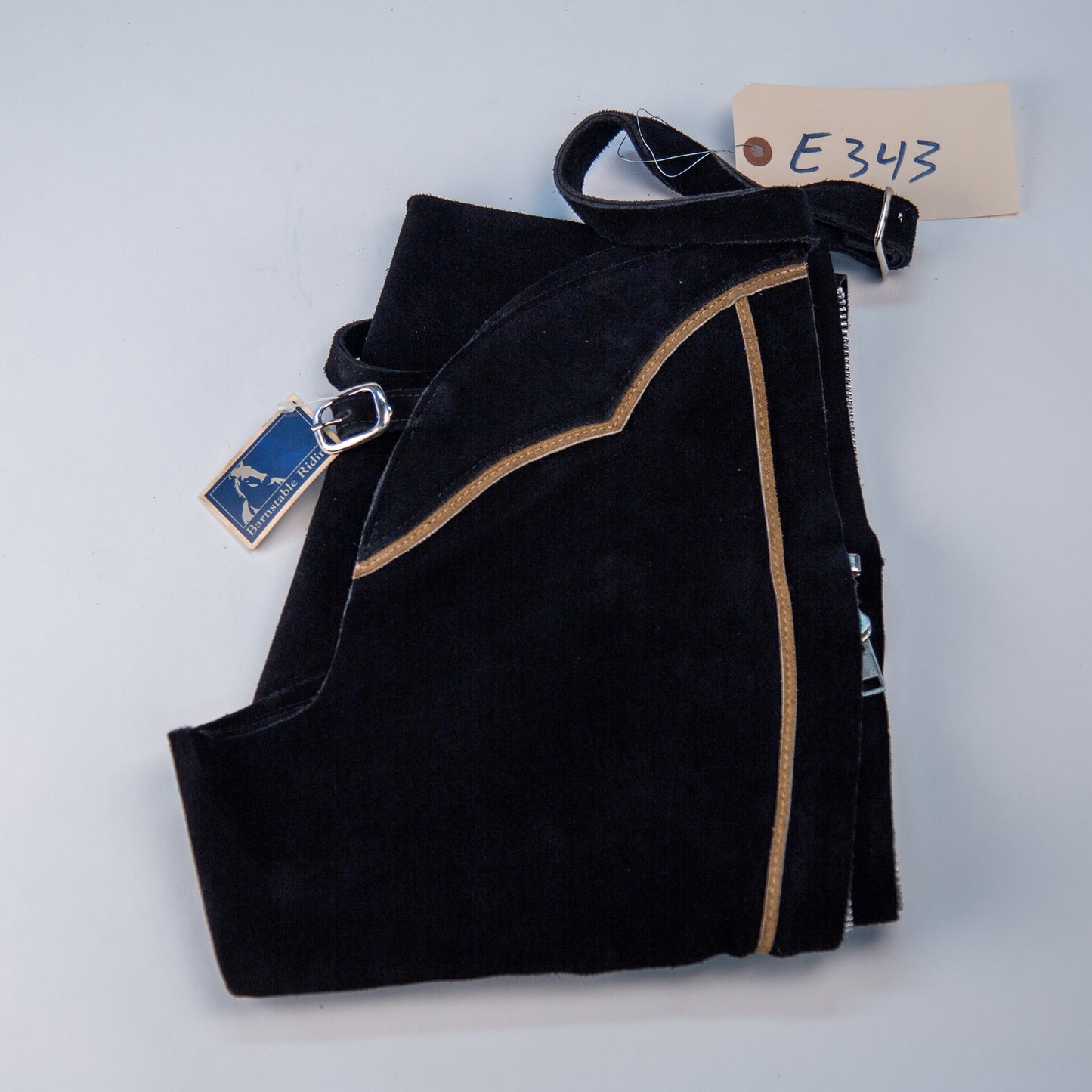 English Schooling Chaps - Black Suede - Taupe Stripe