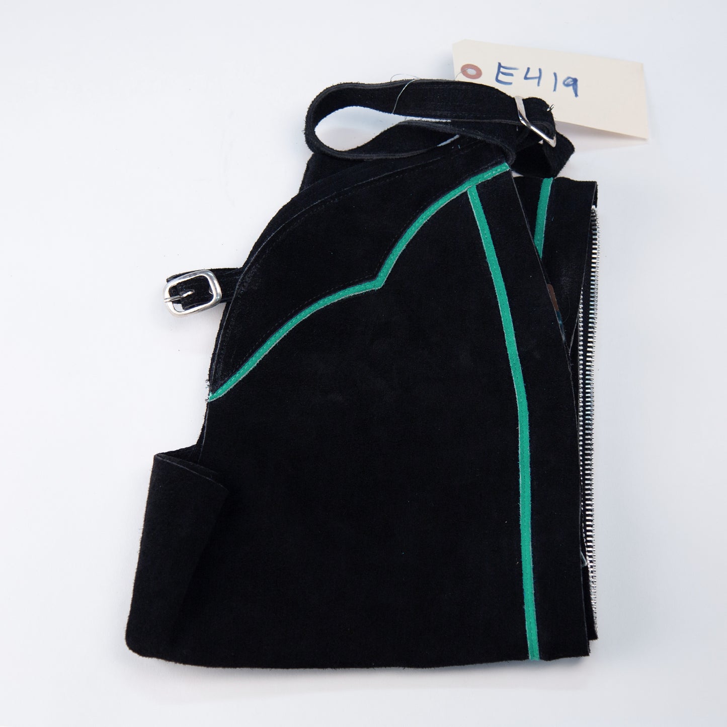 English Schooling Chaps - Black Suede - Teal Stripe