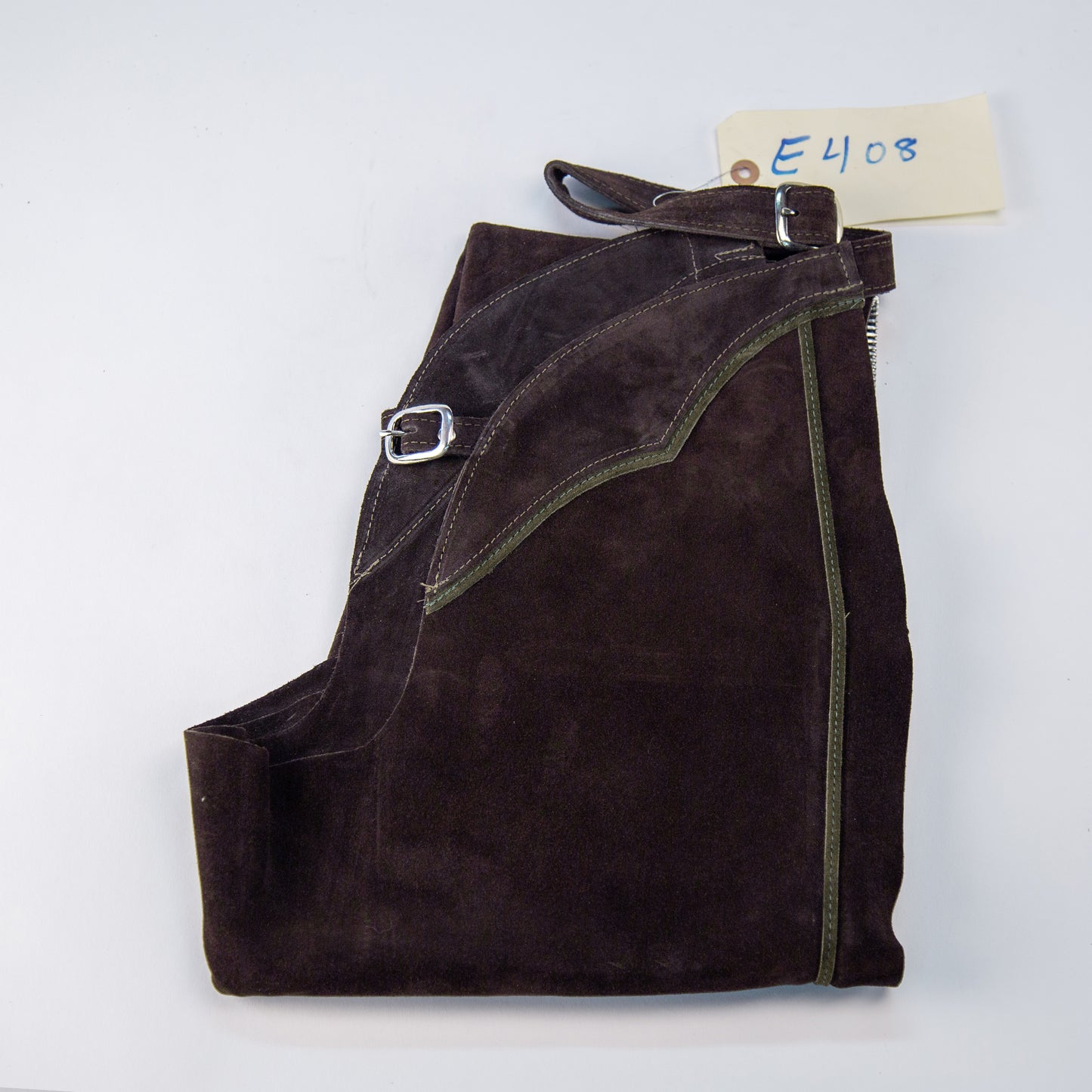 English Schooling Chaps - Brown Suede - Hunter Stripe