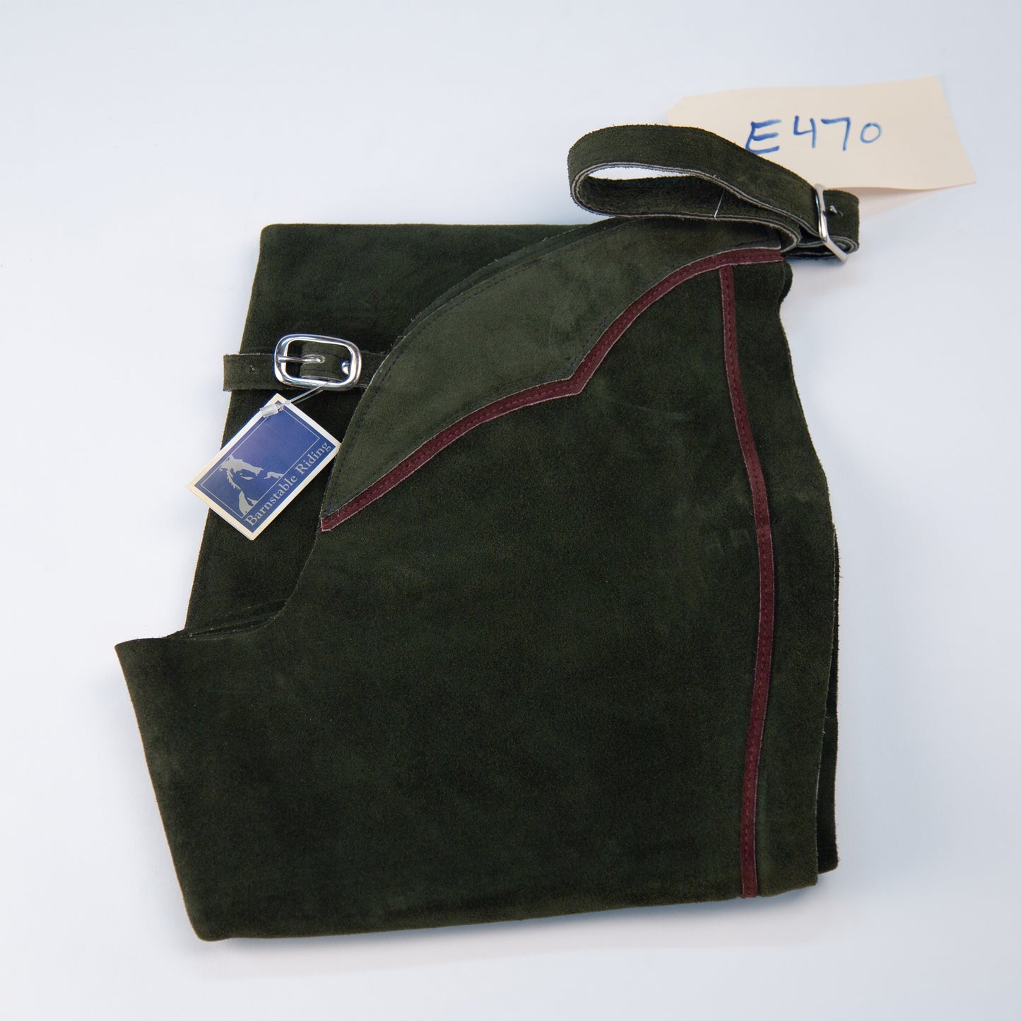 English Schooling Chaps - Hunter Suede - Burgundy Stripe