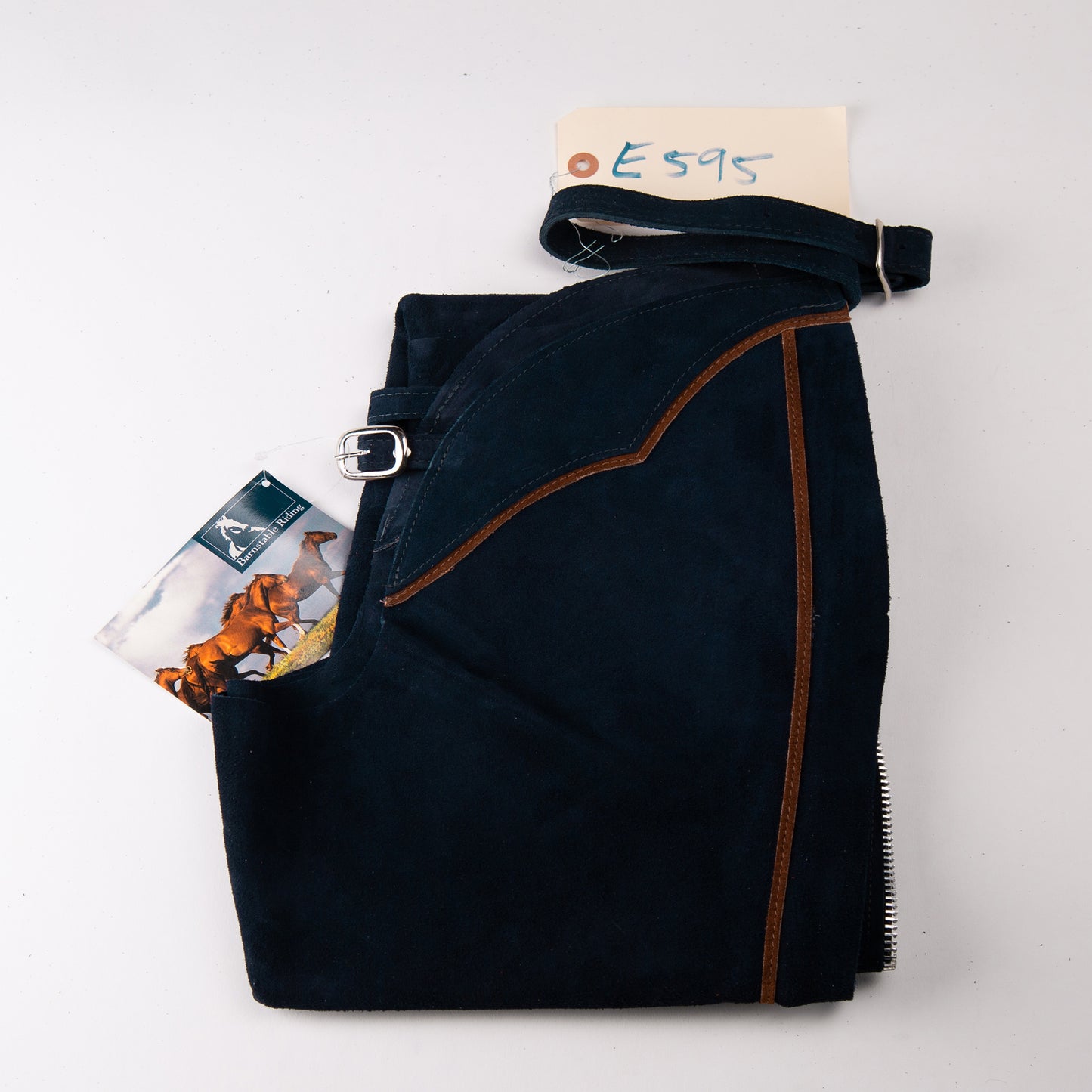 English Schooling Chaps - Navy Suede - Brown Stripe