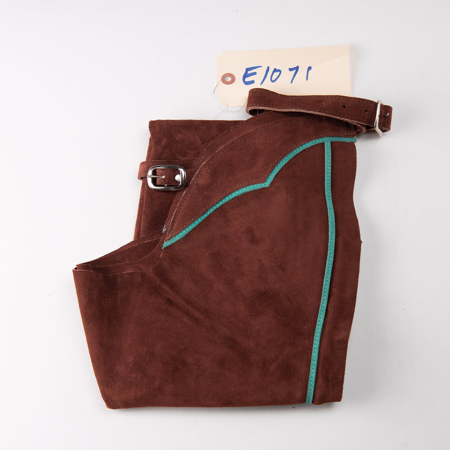 English Schooling Chaps - Rust Suede - Teal Stripe