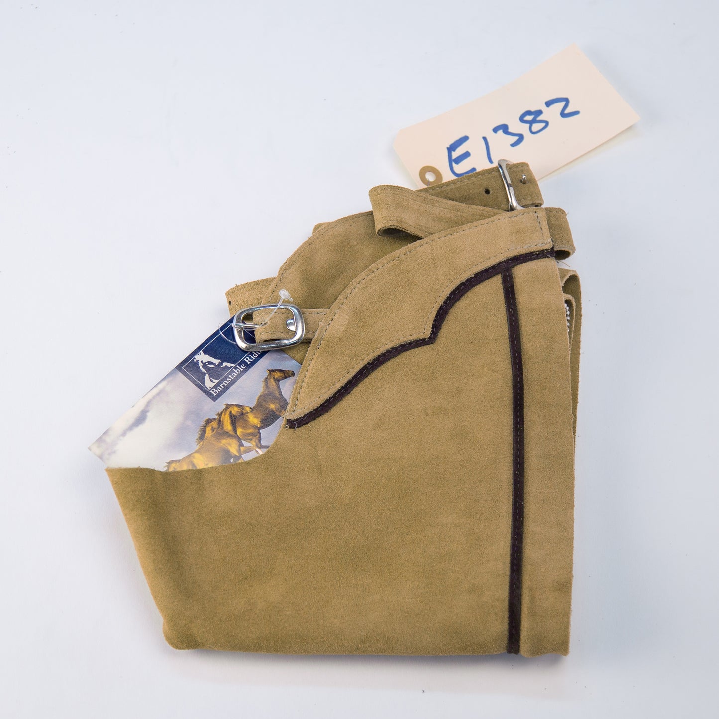 English Schooling Chaps - Taupe Suede - Brown Stripe