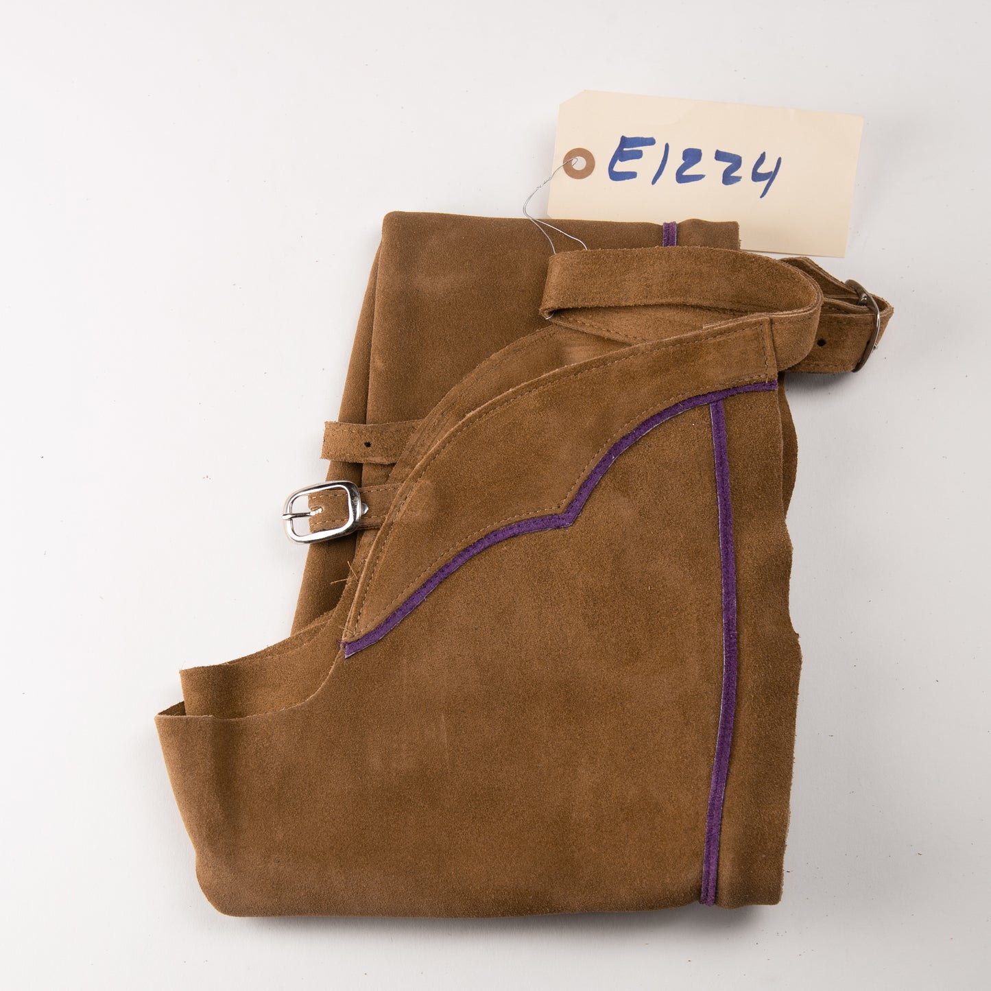 English Schooling Chaps - Toast Suede - Purple Stripe