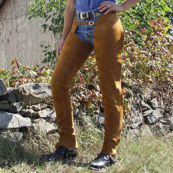 model wearing barnstable riding english schooling chaps with toast suede