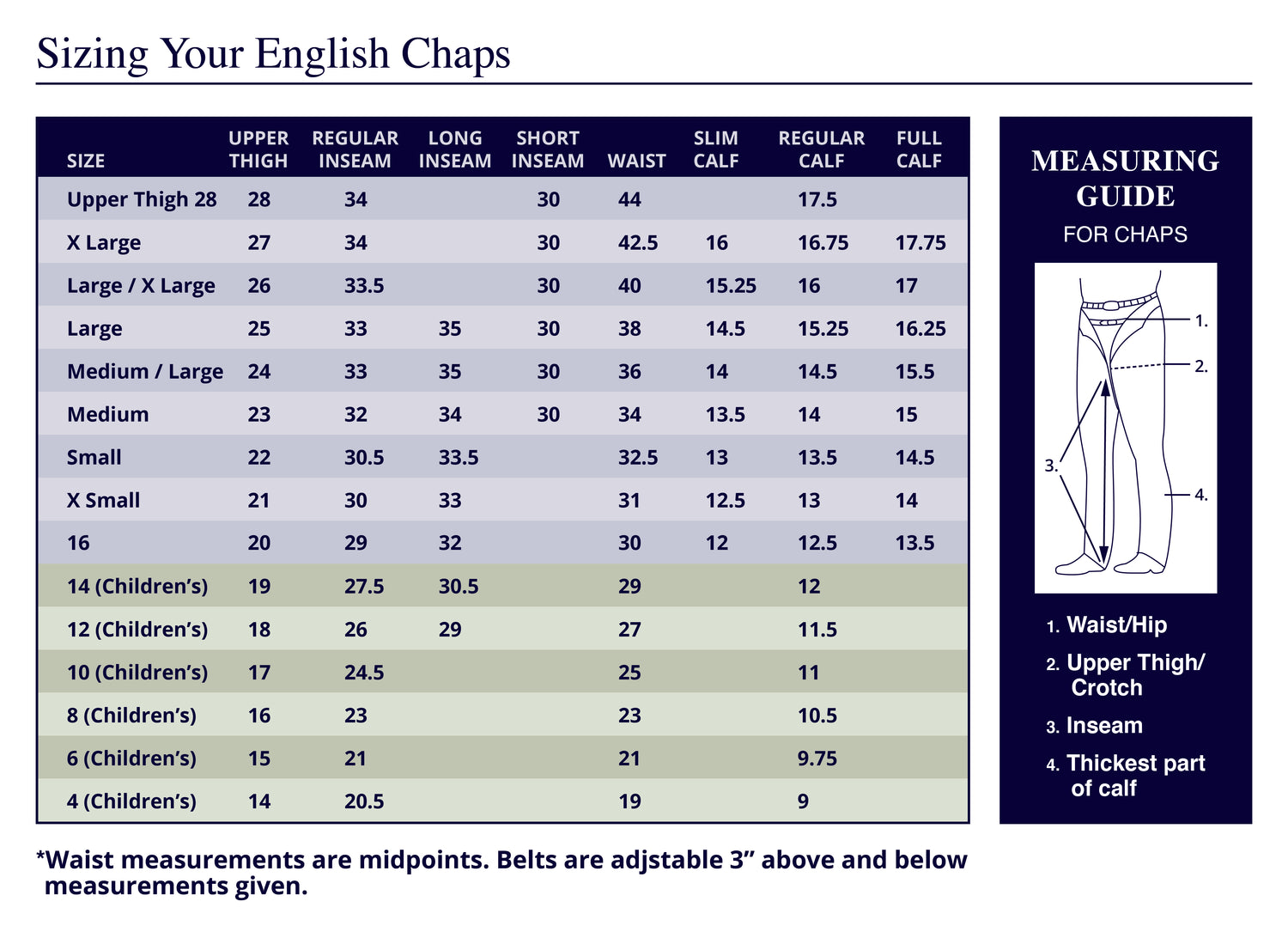 Barnstable Ridings English Schooling Chaps Size Chart