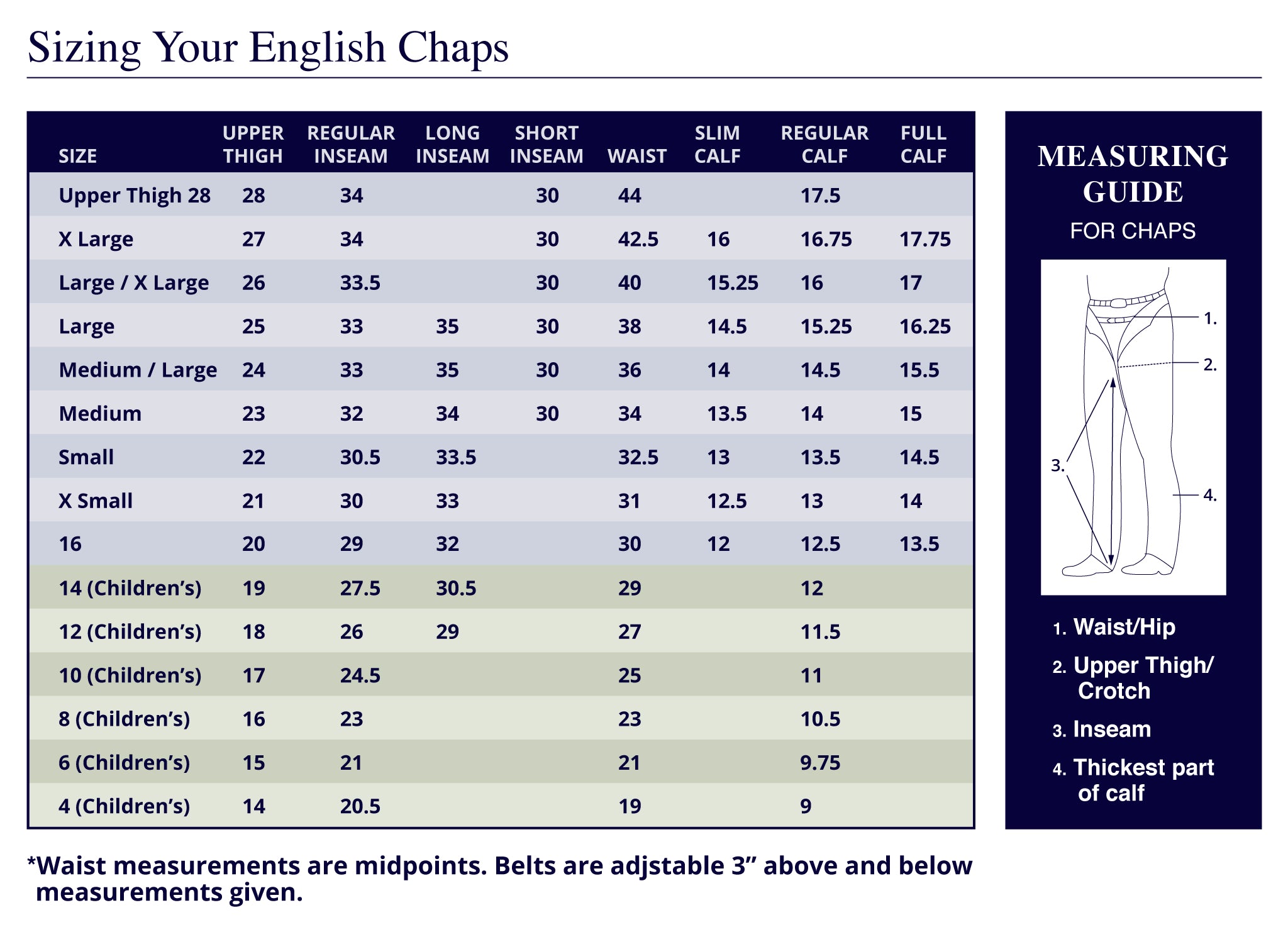 Barnstable Ridings English Schooling Chaps Size Guide