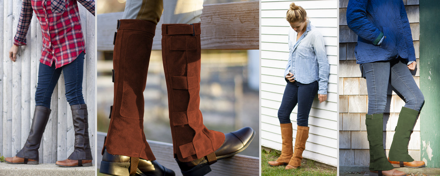 Model wearing barnstable riding half chaps in colors chocolate, rust, toast and hunter.