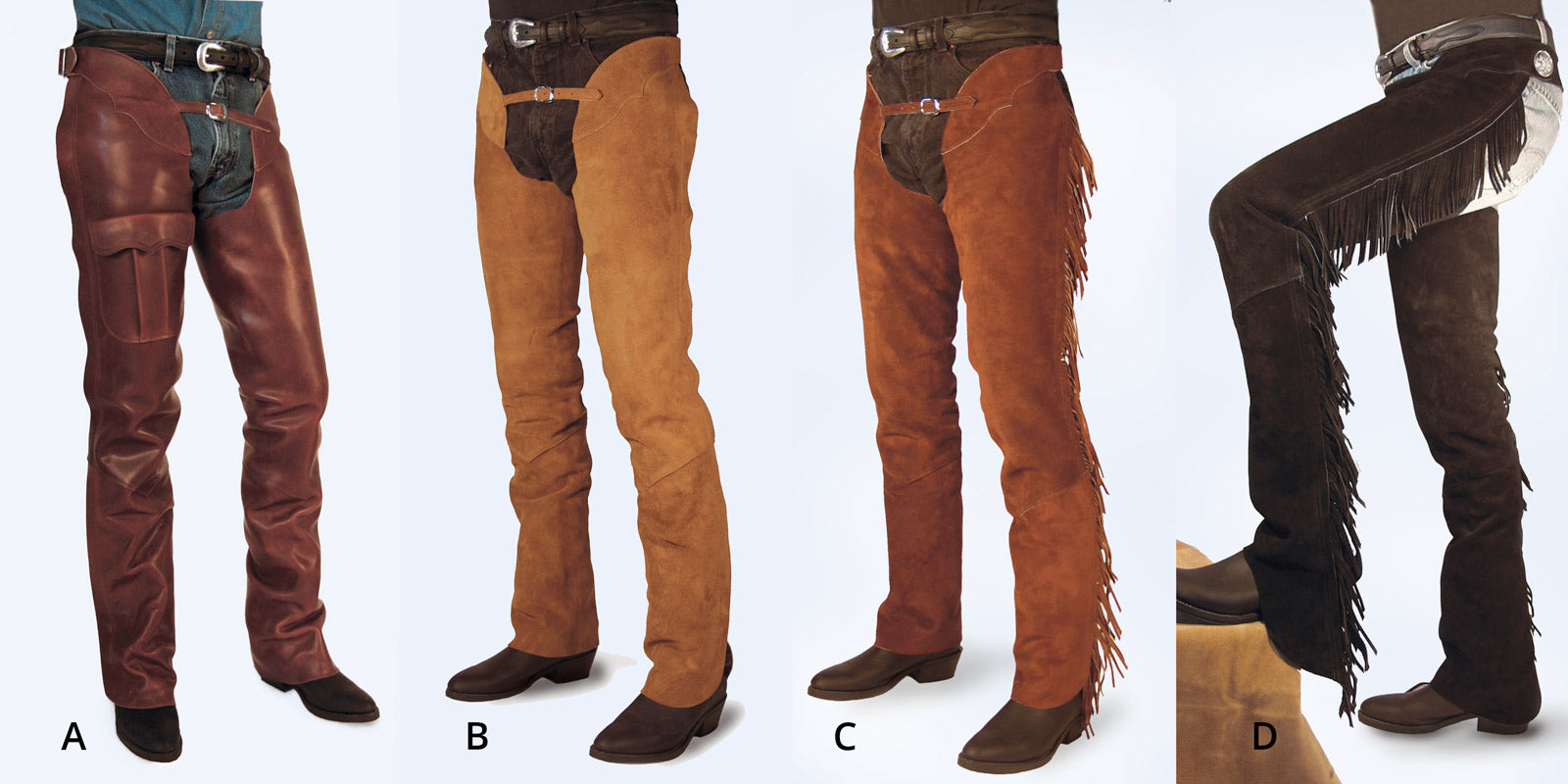 Models wearing four types of western chaps: Work Chaps, Boot Cut Chaps, Fringe, and Equitation