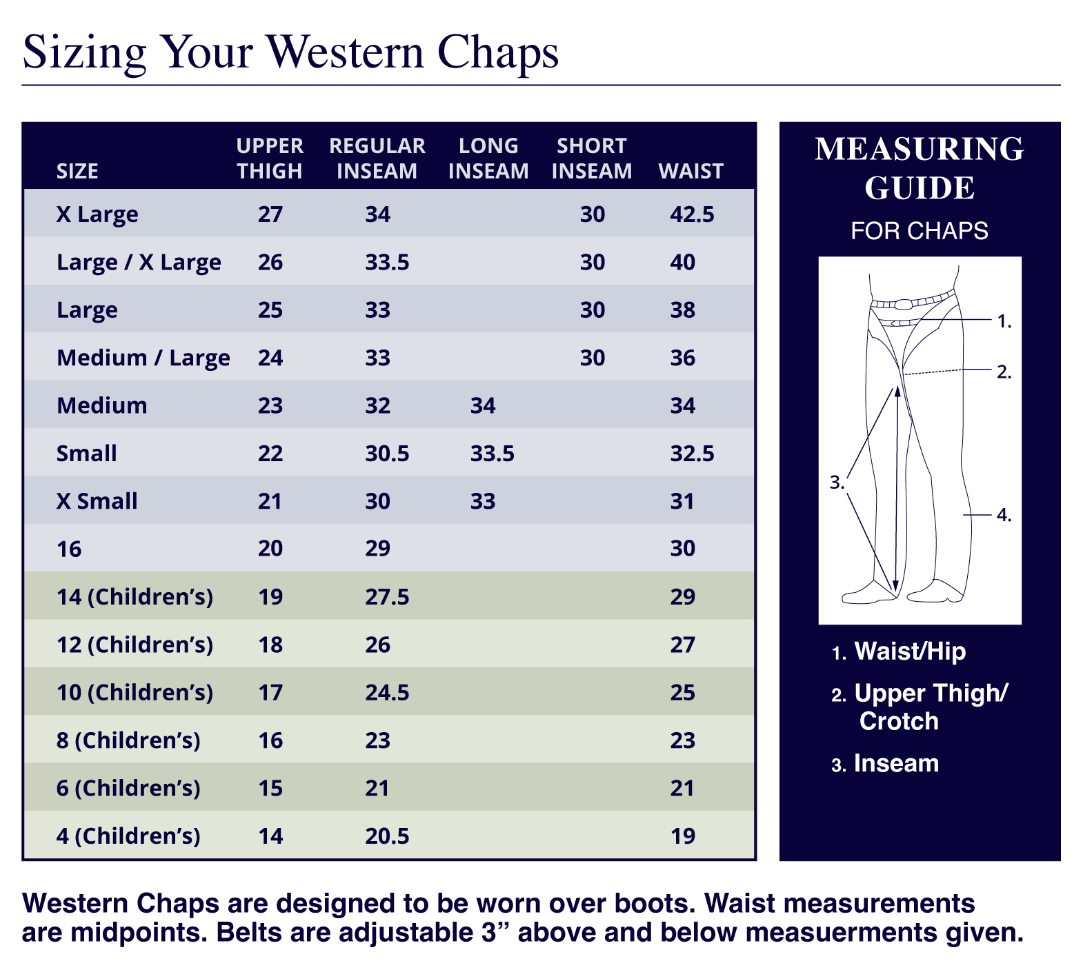 Barnstable Riding Western Chaps Size Guide Chart