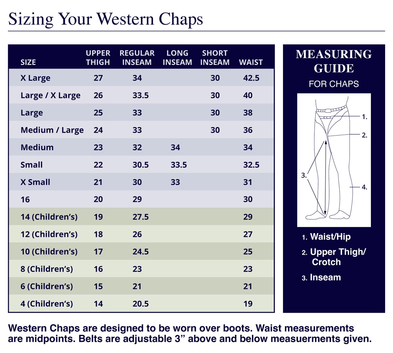 Barnstable Riding Western Chaps Size Guide
