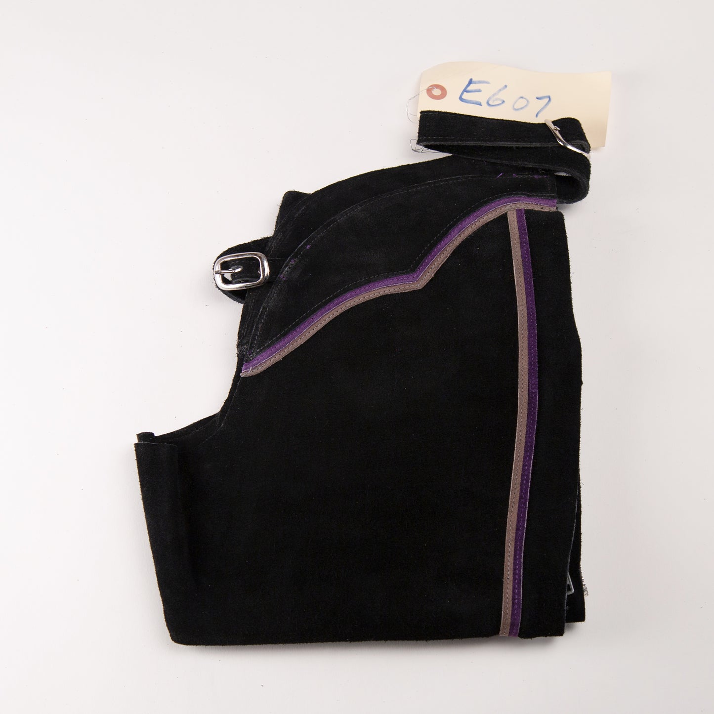 English Schooling Chaps - Black Suede - Purple and Grey Stripes