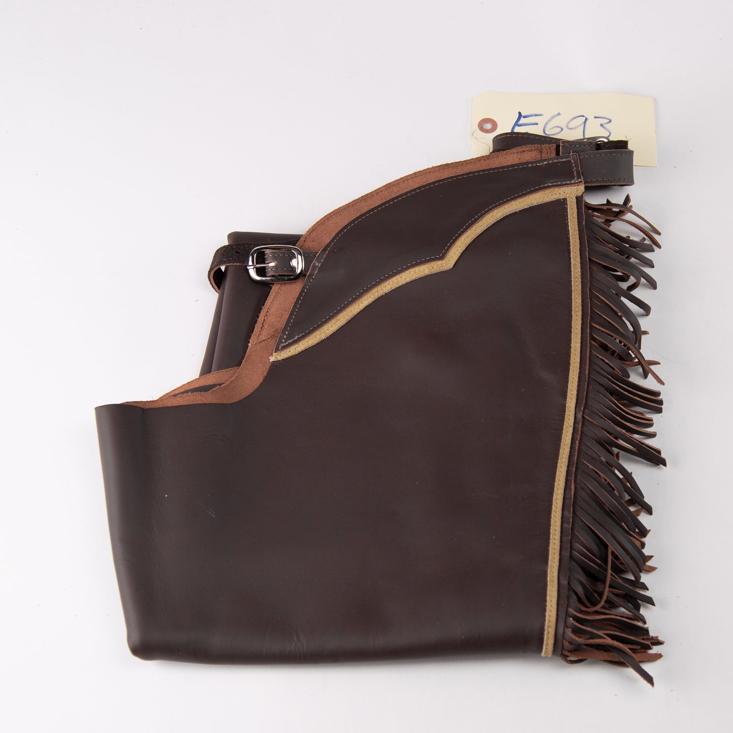 English Schooling Chaps - Brown Top Grain Leather - Fringe and Taupe Stripes