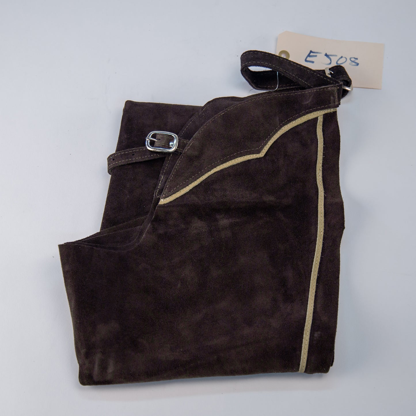 English Schooling Chaps - Brown Suede - Taupe Stripe