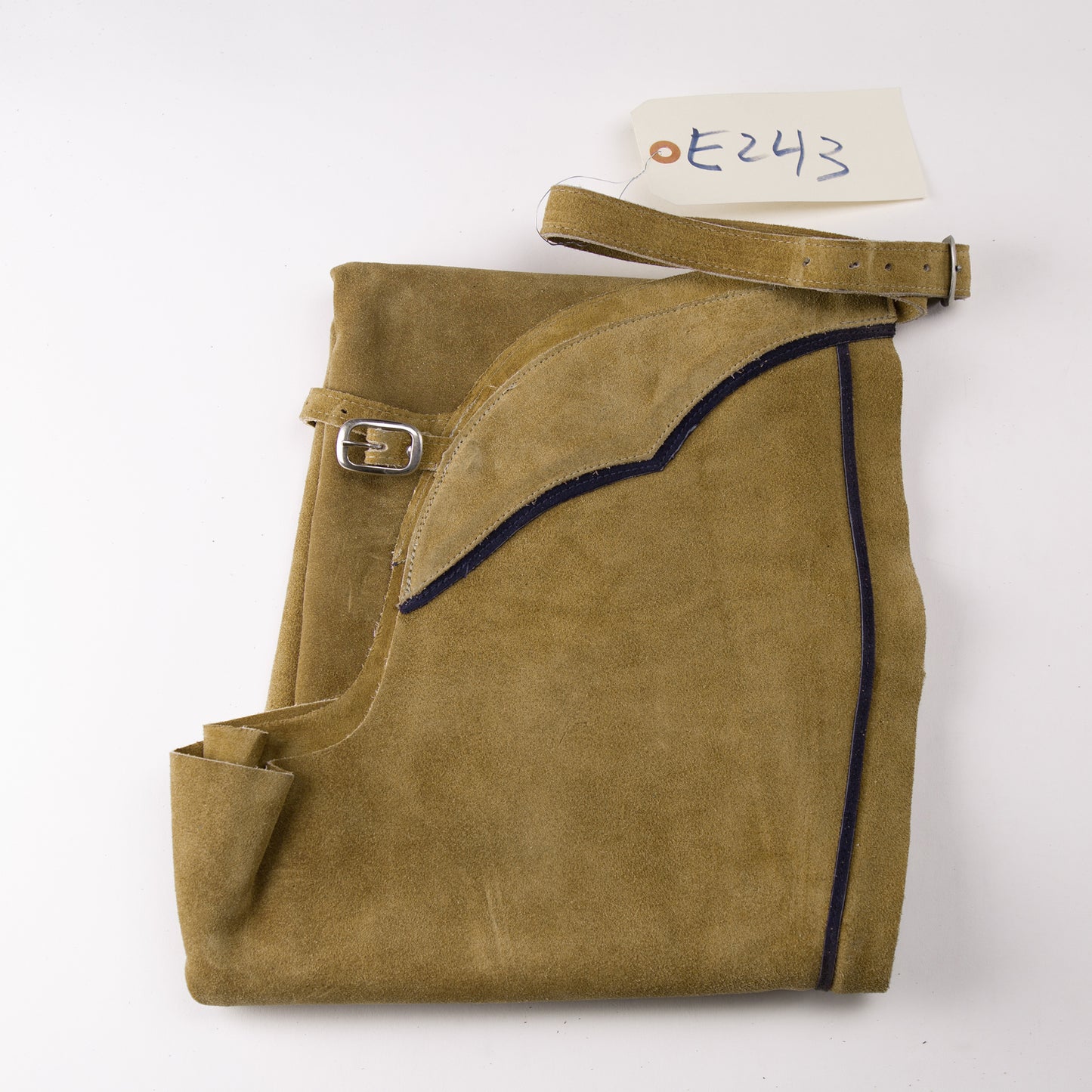 English Schooling Chaps - Taupe Suede - Navy Stripe