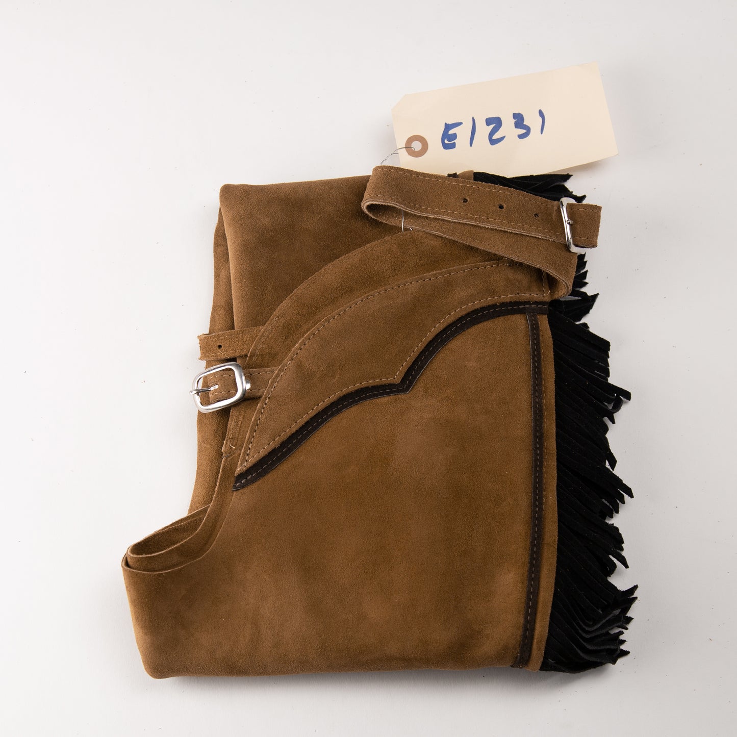 English Schooling Chaps - Toast Suede - Black Fringe and Brown Stripe