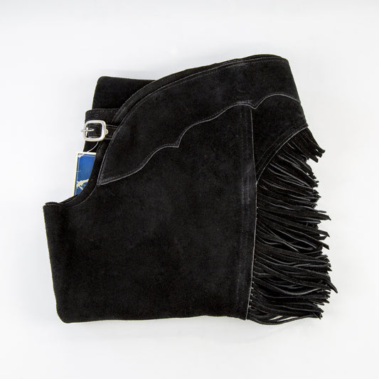 Western Equitation Chaps - Black Suede - Fringe - Single Concho
