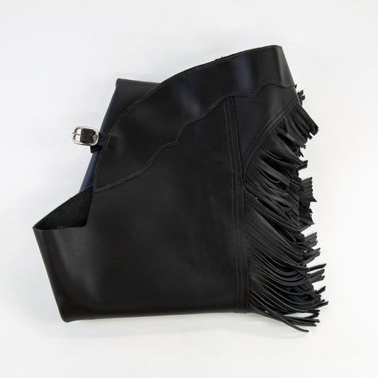 Western Equitation Chaps - Black Top Grain - Fringe - Single Concho
