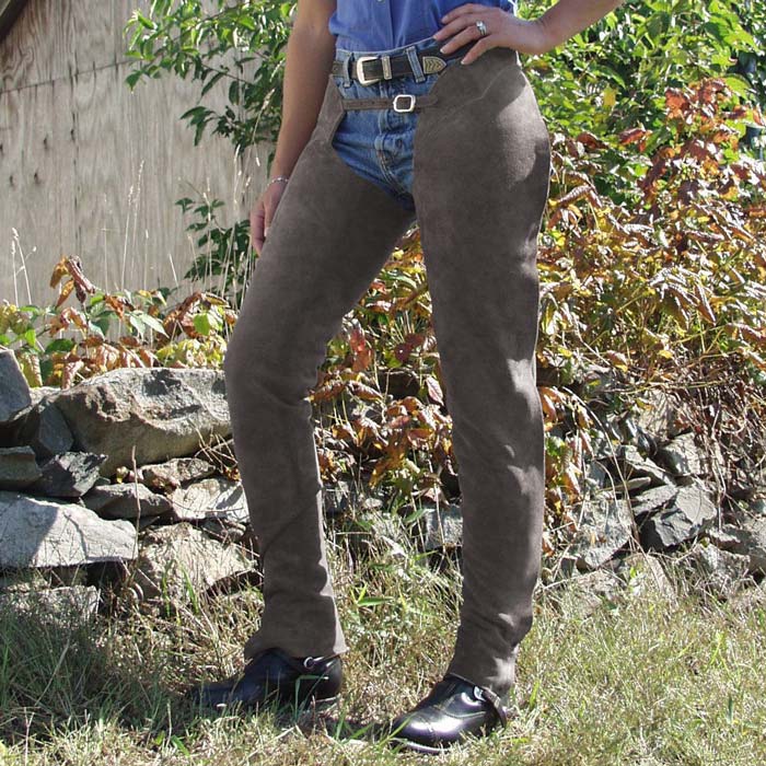 model wearing barnstable riding grey suede english schooling chaps