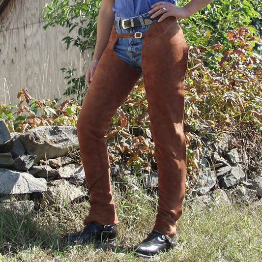model wearing barnstable riding rust suede english schooling chaps