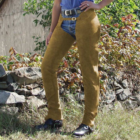 Model wearing Barnstable Riding English Schooling Chaps Taupe Suede